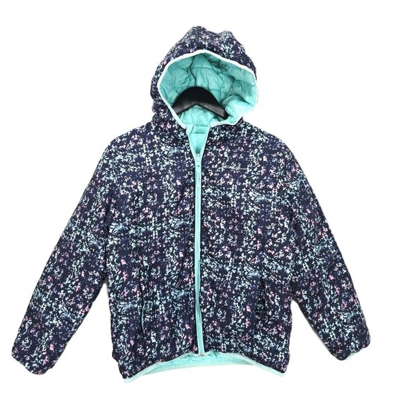Eddie Bauer REVERSIBLE Soft Aqua Navy Down Winter Puffer Jacket Girls Size 14/16 - Picture 3 of 11